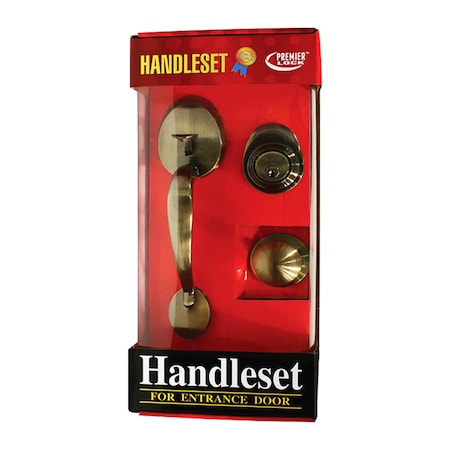 Premier Lock Antique Brass Single Cylinder Door Handleset with Keyed Deadbolt Lock, Inside Knob and 3 KW1 Keys HSL-AN
